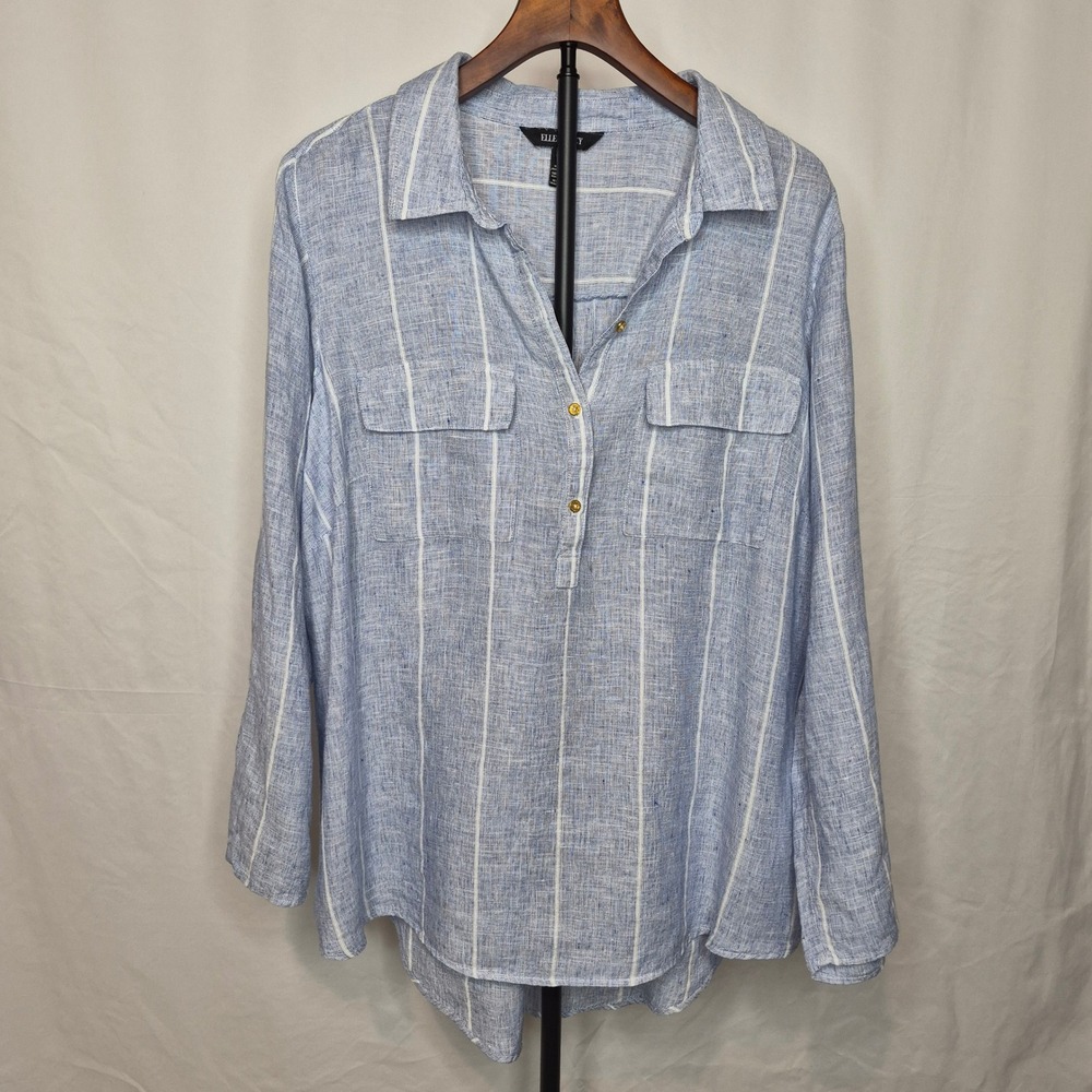 Ellen Tracy Blue White Striped 100% Linen Roll Tab Sleeve Tunic Coastal Plus 1X